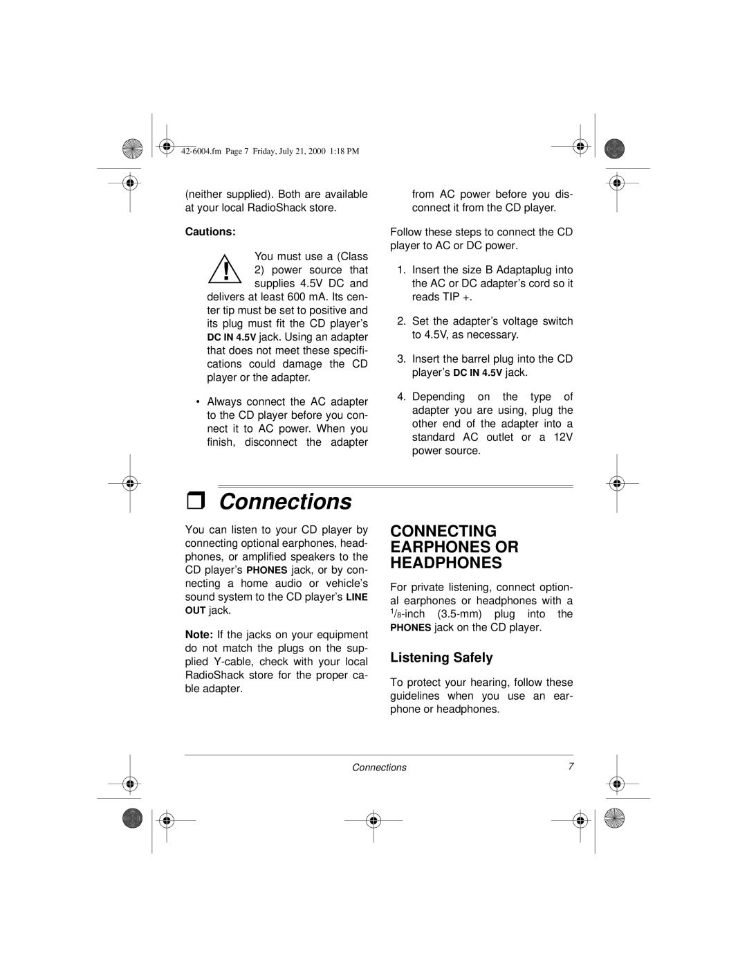 Radio Shack CD-3904 owner manual Connections, Connecting Earphones or Headphones 