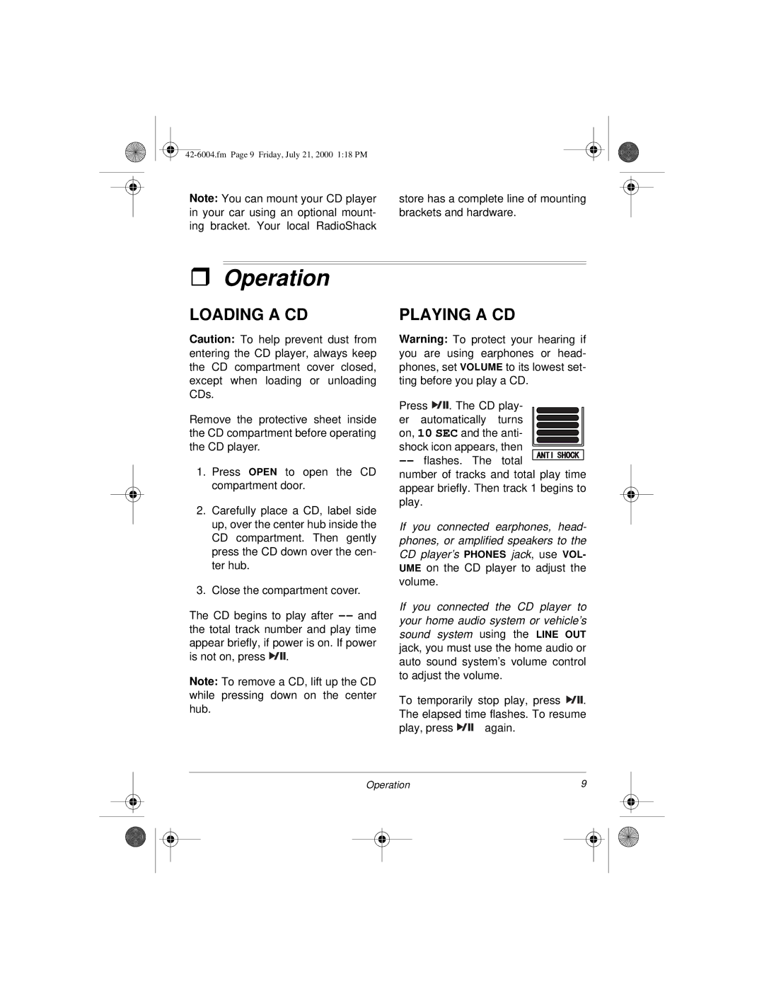 Radio Shack CD-3904 owner manual Operation, Loading a CD, Playing a CD 