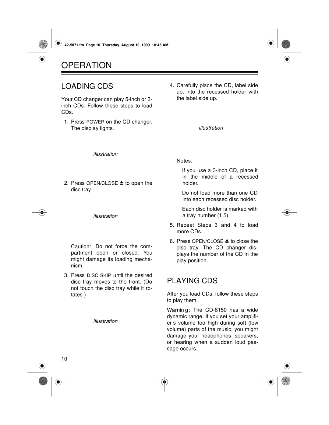 Radio Shack CD-8150 owner manual Operation, Loading CDS, Playing CDS 