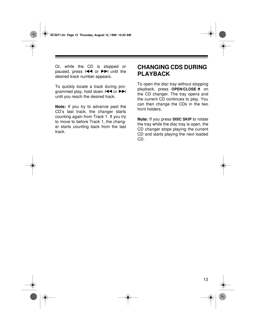 Radio Shack CD-8150 owner manual Changing CDS During Playback 