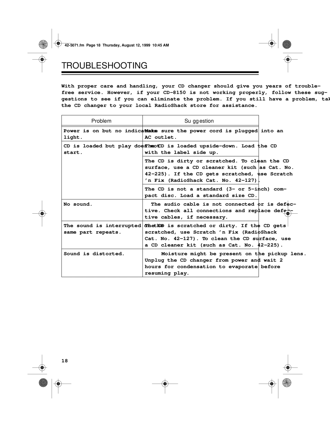 Radio Shack CD-8150 owner manual Troubleshooting, Problem Suggestion 