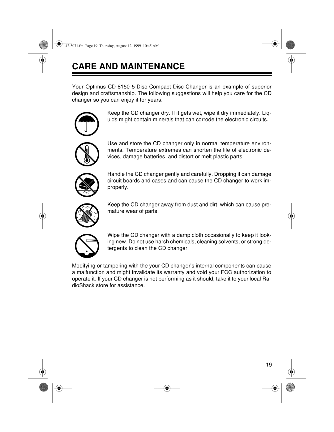 Radio Shack CD-8150 owner manual Care and Maintenance 