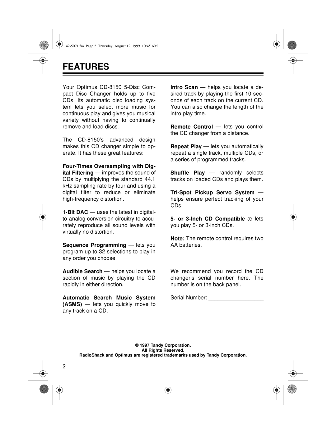 Radio Shack CD-8150 owner manual Features 