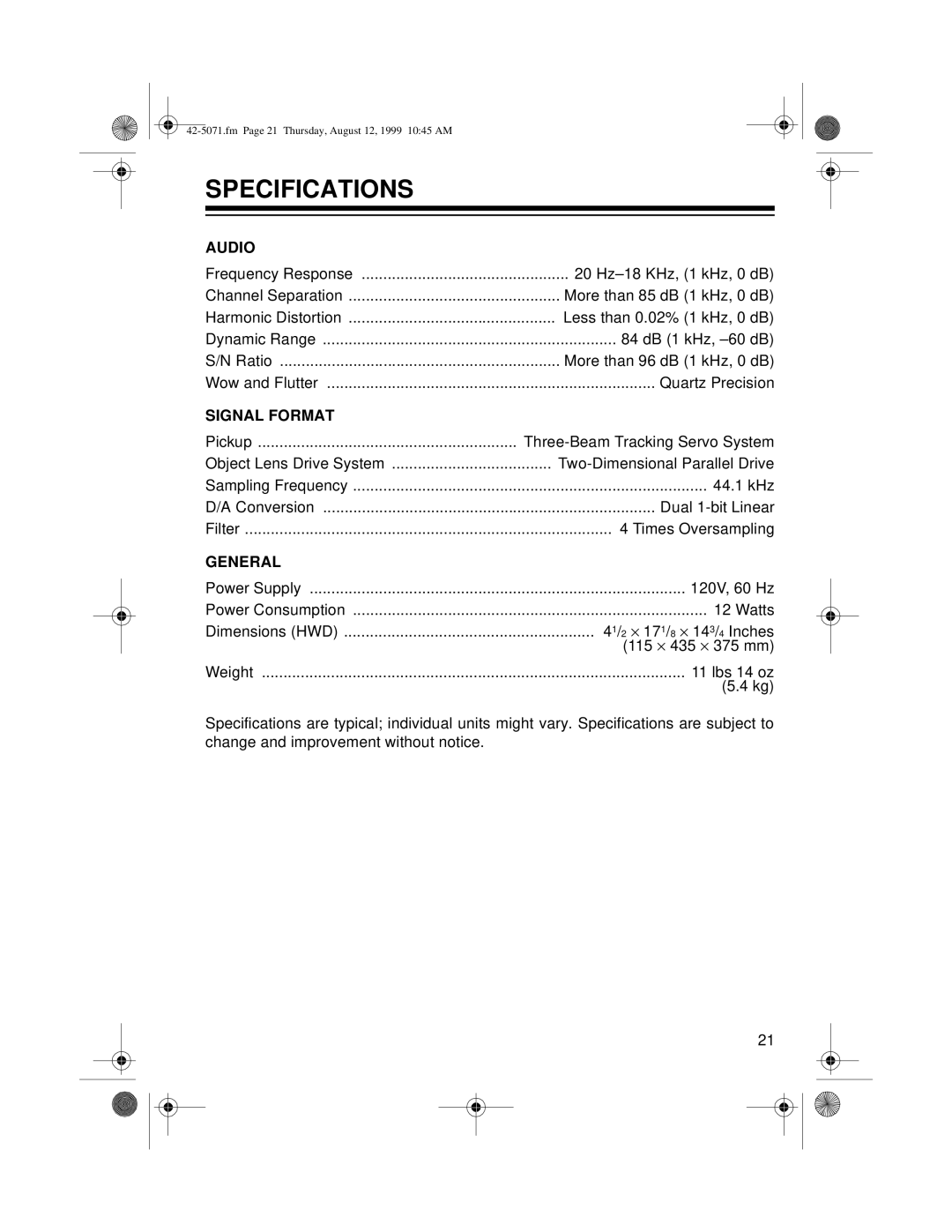 Radio Shack CD-8150 owner manual Specifications, Audio 