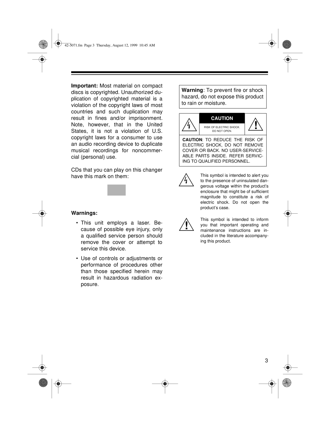 Radio Shack CD-8150 owner manual Fm Page 3 Thursday, August 12, 1999 1045 AM 