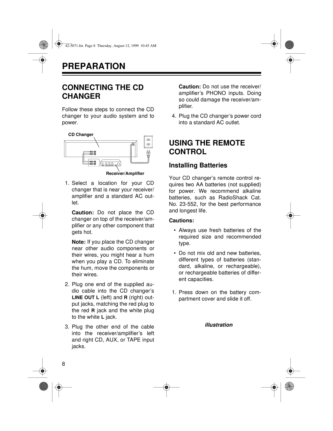 Radio Shack CD-8150 owner manual Preparation, Connecting the CD Changer, Using the Remote Control 