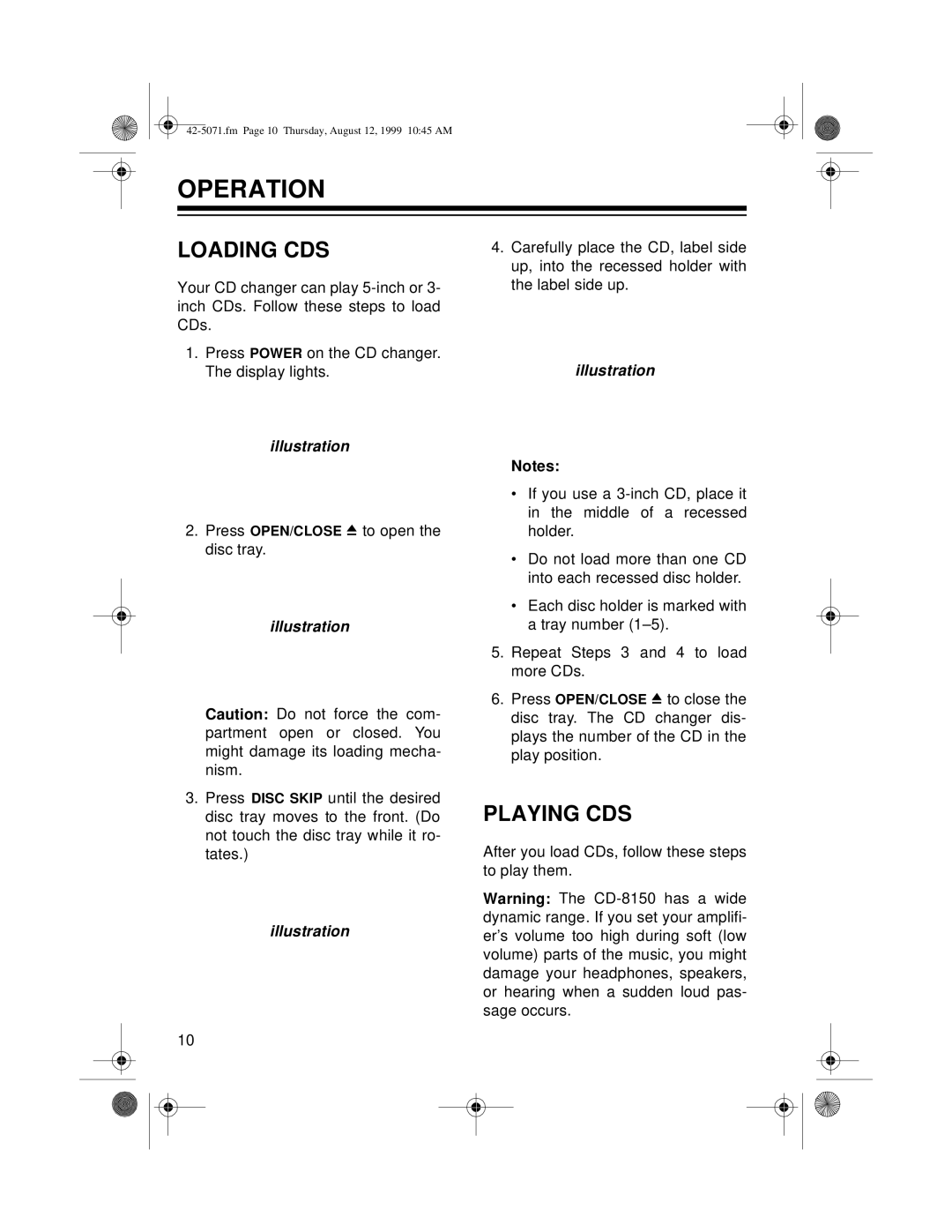 Radio Shack CD-8150 owner manual Operation, Loading Cds, Playing Cds, illustration 