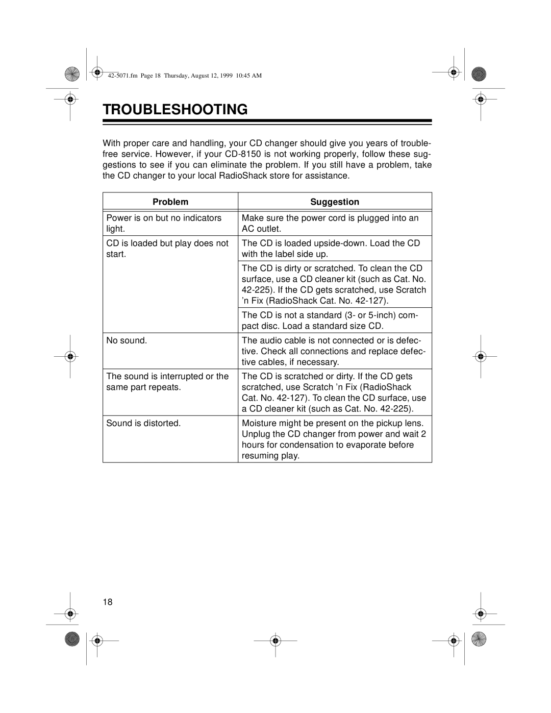 Radio Shack CD-8150 owner manual Troubleshooting, Problem, Suggestion 