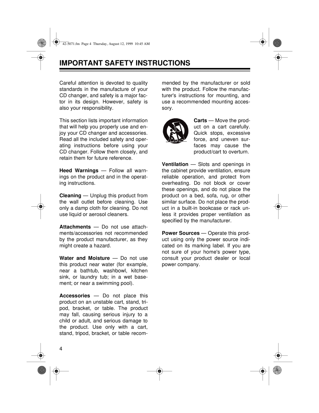 Radio Shack CD-8150 owner manual Important Safety Instructions 