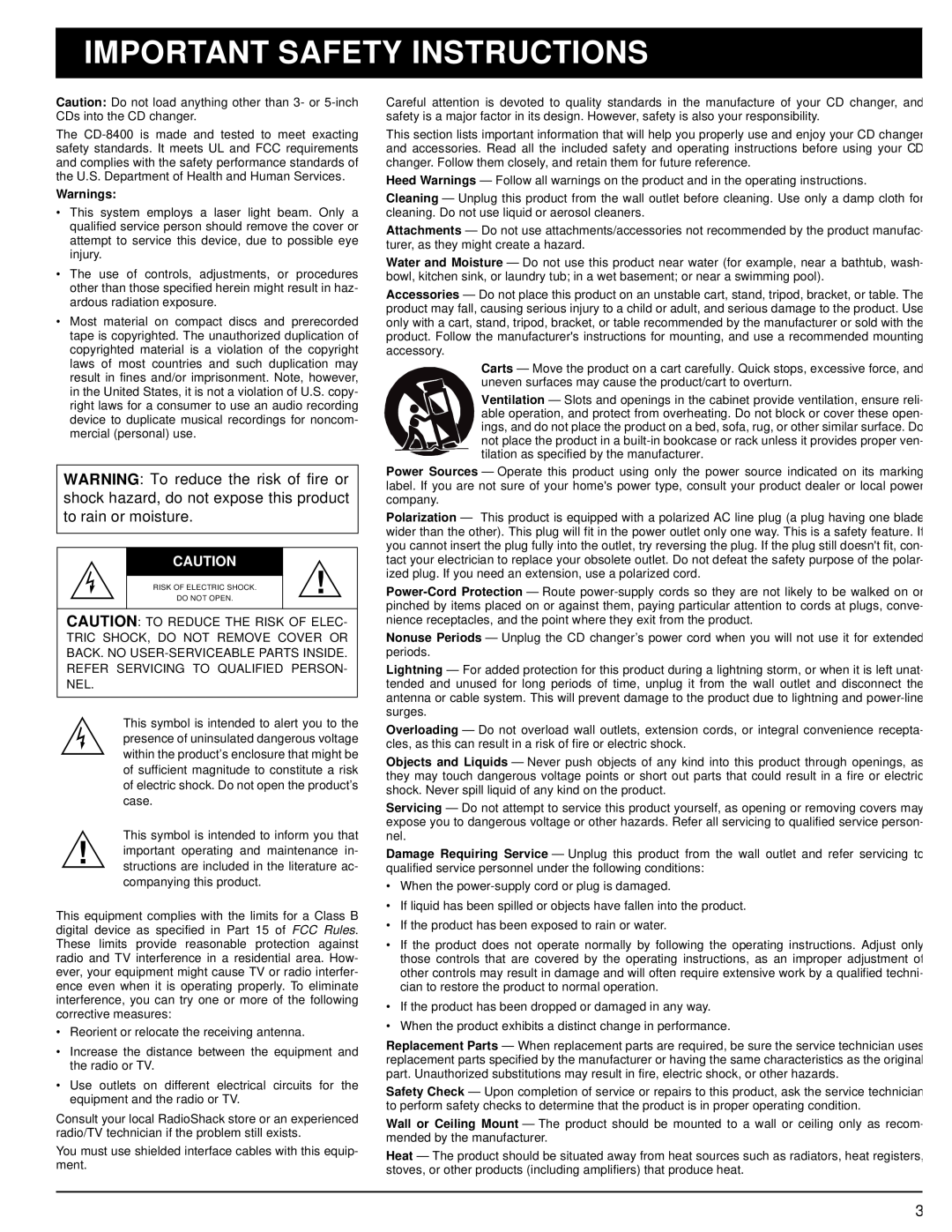 Radio Shack CD-8400 owner manual Important Safety Instructions, Warnings 