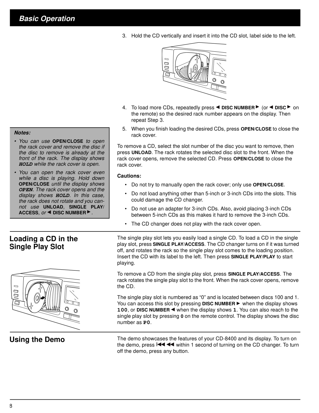 Radio Shack CD-8400 owner manual Basic Operation, Loading a CD in the Single Play Slot, Using the Demo, Cautions 