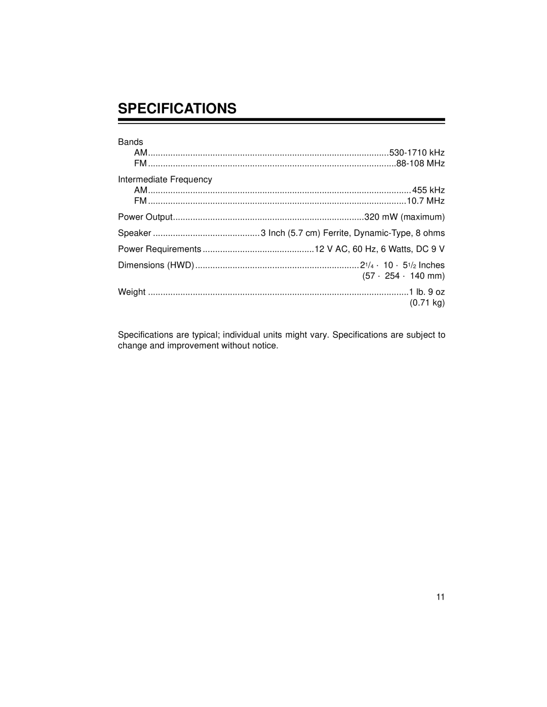 Radio Shack Chronomatic-278 owner manual Specifications 