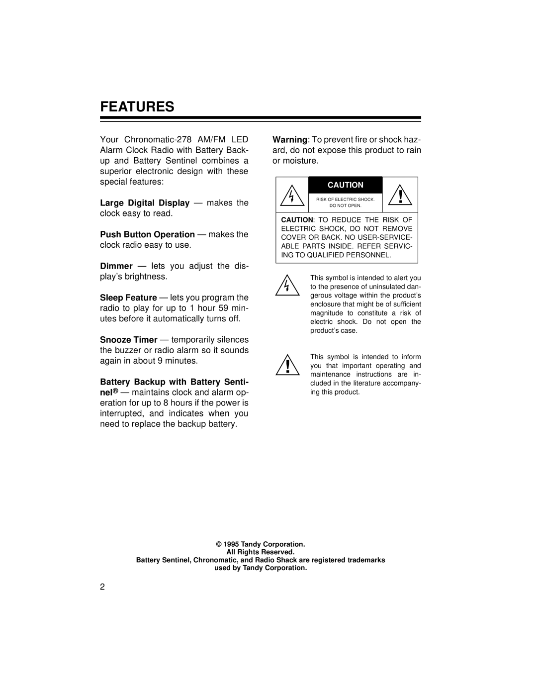 Radio Shack Chronomatic-278 owner manual Features, Push Button Operation makes 