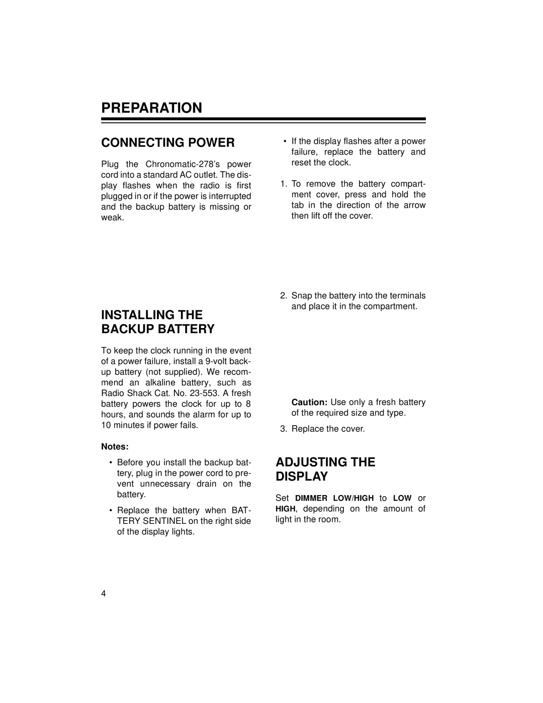 Radio Shack Chronomatic-278 owner manual Preparation, Connecting Power, Adjusting Display 