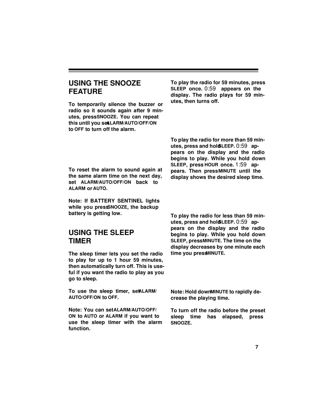 Radio Shack Chronomatic-278 owner manual Using the Snooze Feature, Using the Sleep Timer 