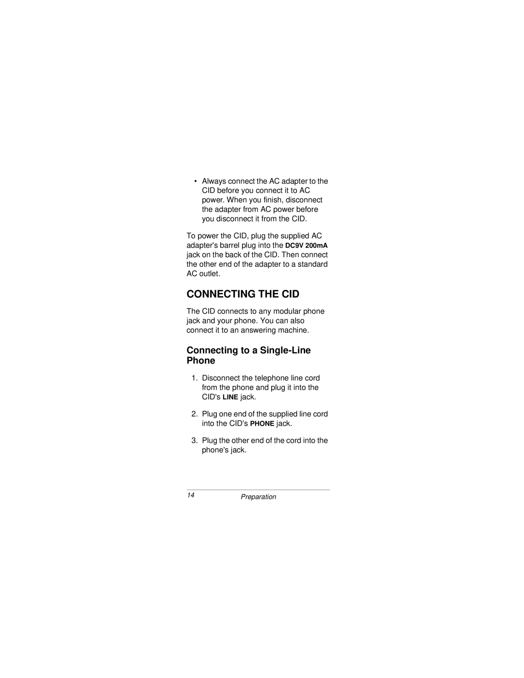 Radio Shack CID 2903 owner manual Connecting the CID, Connecting to a Single-Line Phone 