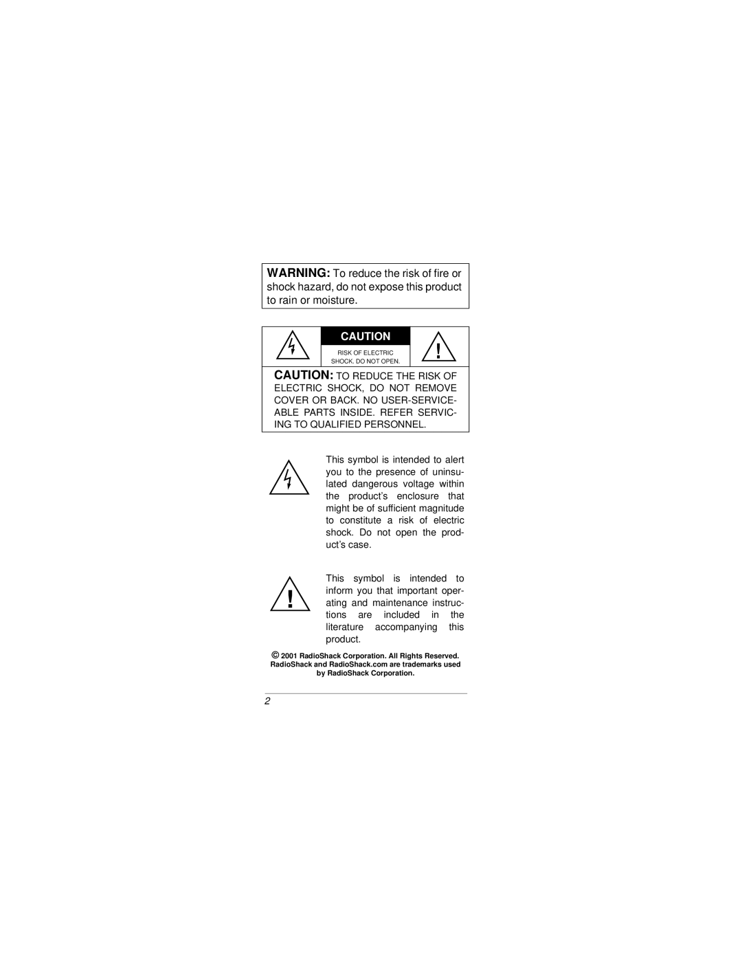 Radio Shack CID 2903 owner manual Risk of Electric SHOCK. do not Open 