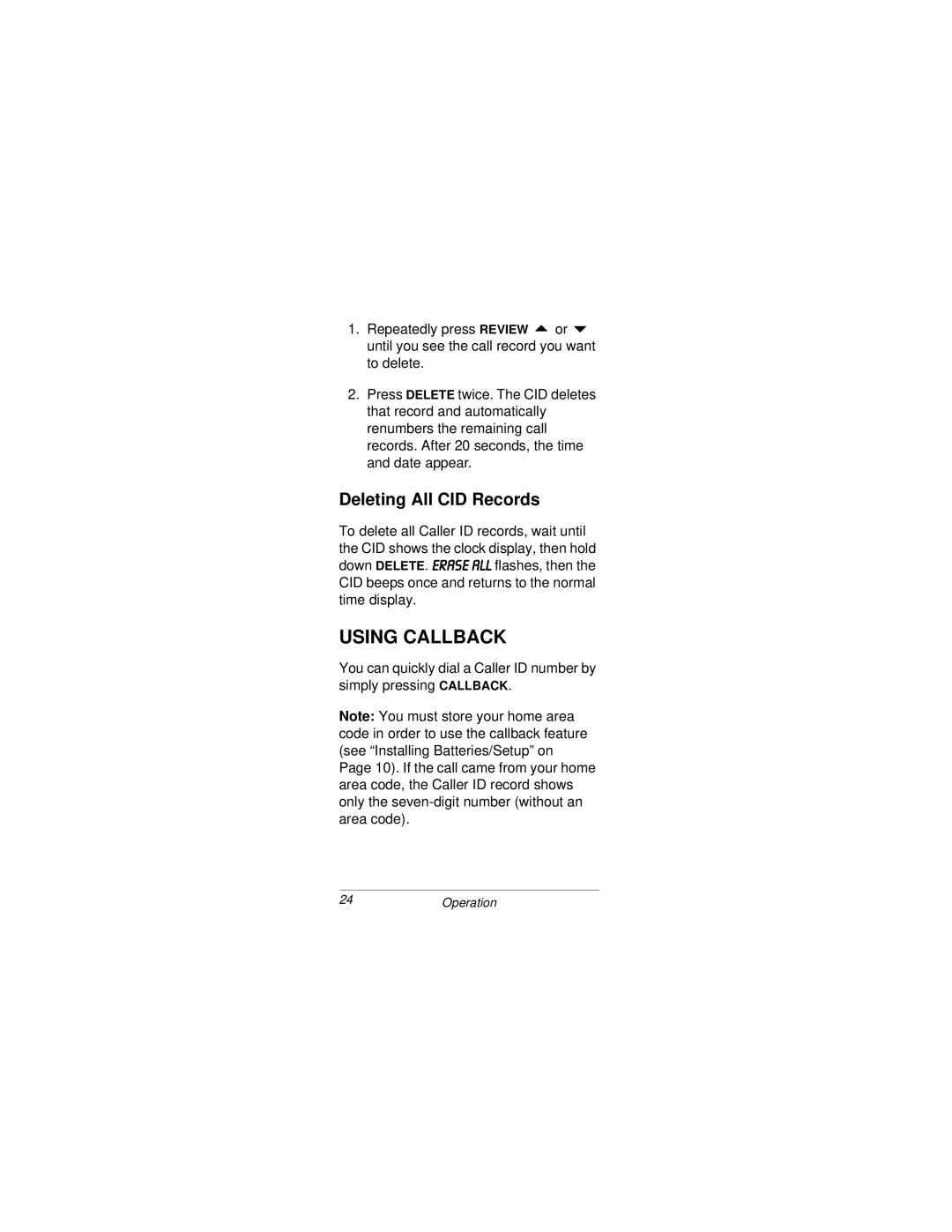 Radio Shack CID 2903 owner manual Using Callback, Deleting All CID Records 