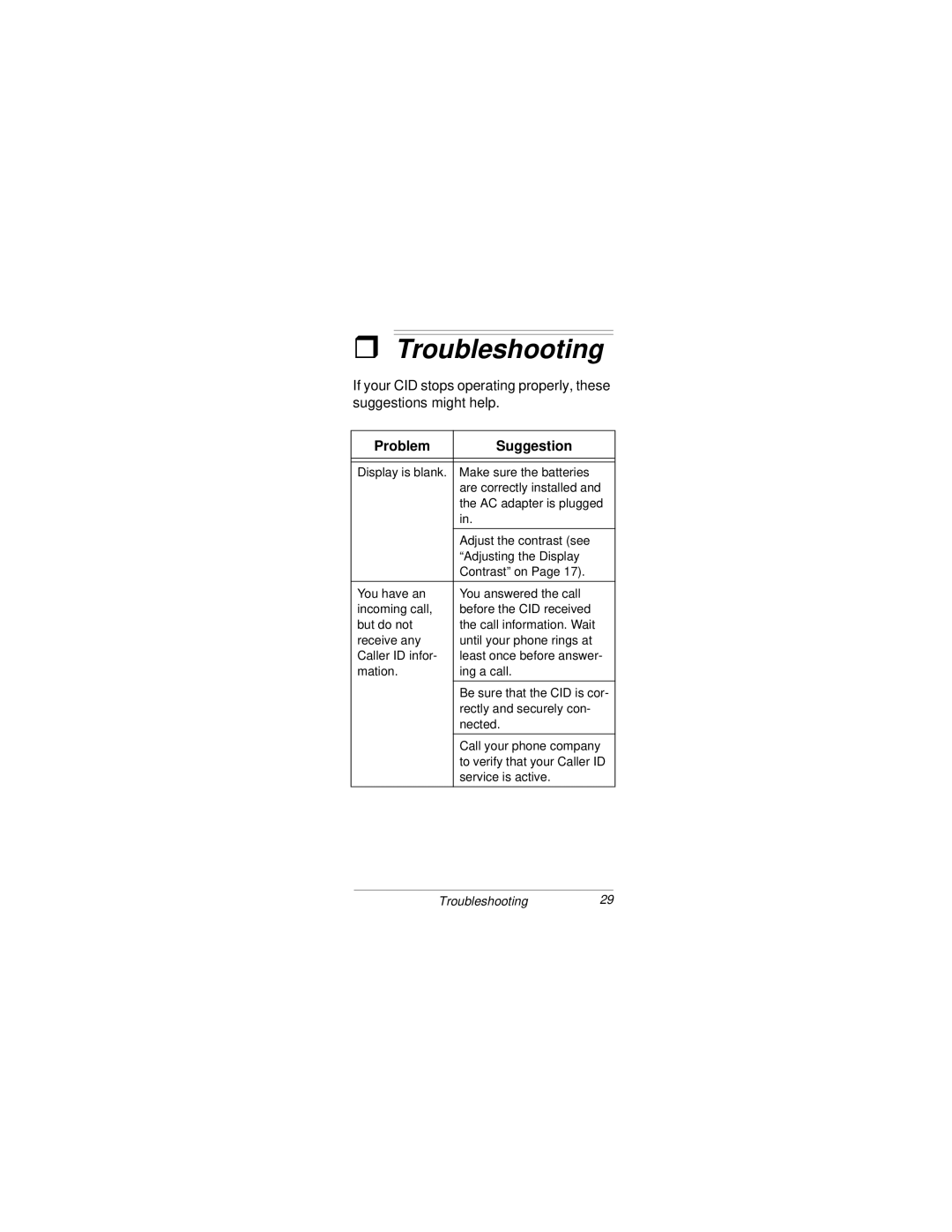 Radio Shack CID 2903 owner manual Troubleshooting, Problem Suggestion 