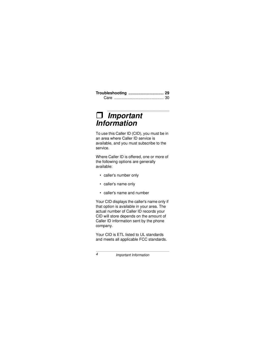 Radio Shack CID 2903 owner manual Important Information 