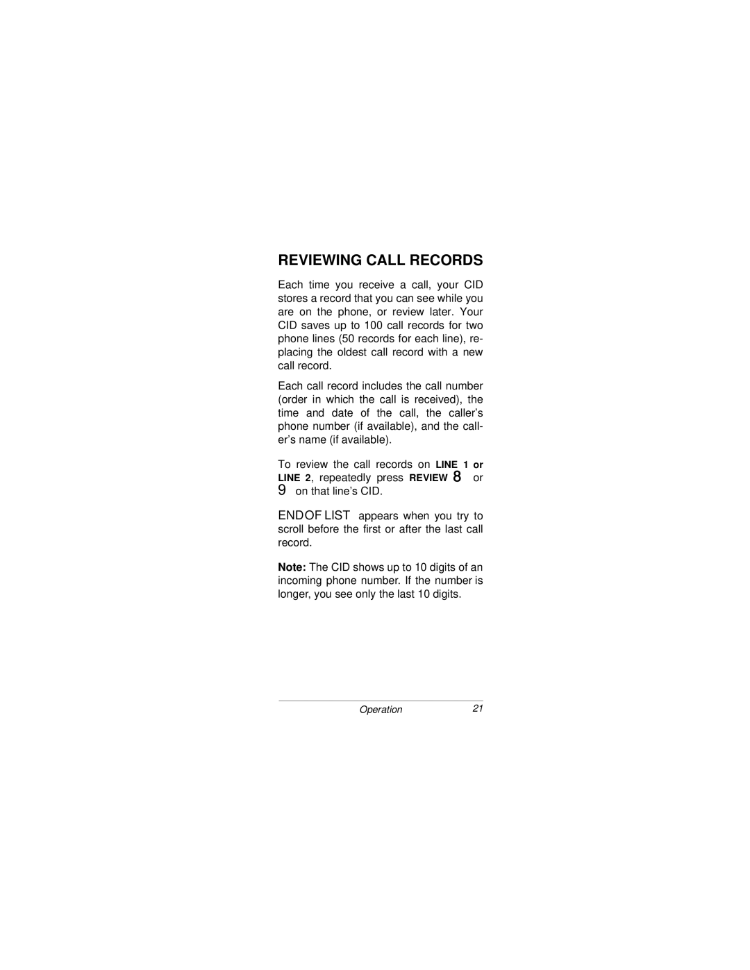 Radio Shack CID-2904 owner manual Reviewing Call Records 