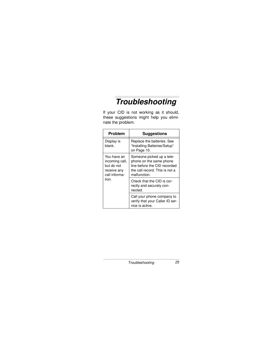 Radio Shack CID-2904 owner manual Troubleshooting, Problem Suggestions 