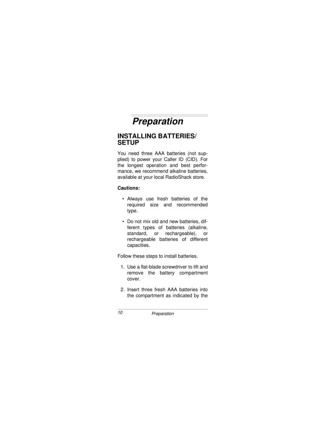 Radio Shack CID 2905 owner manual Preparation, Installing BATTERIES/ Setup 