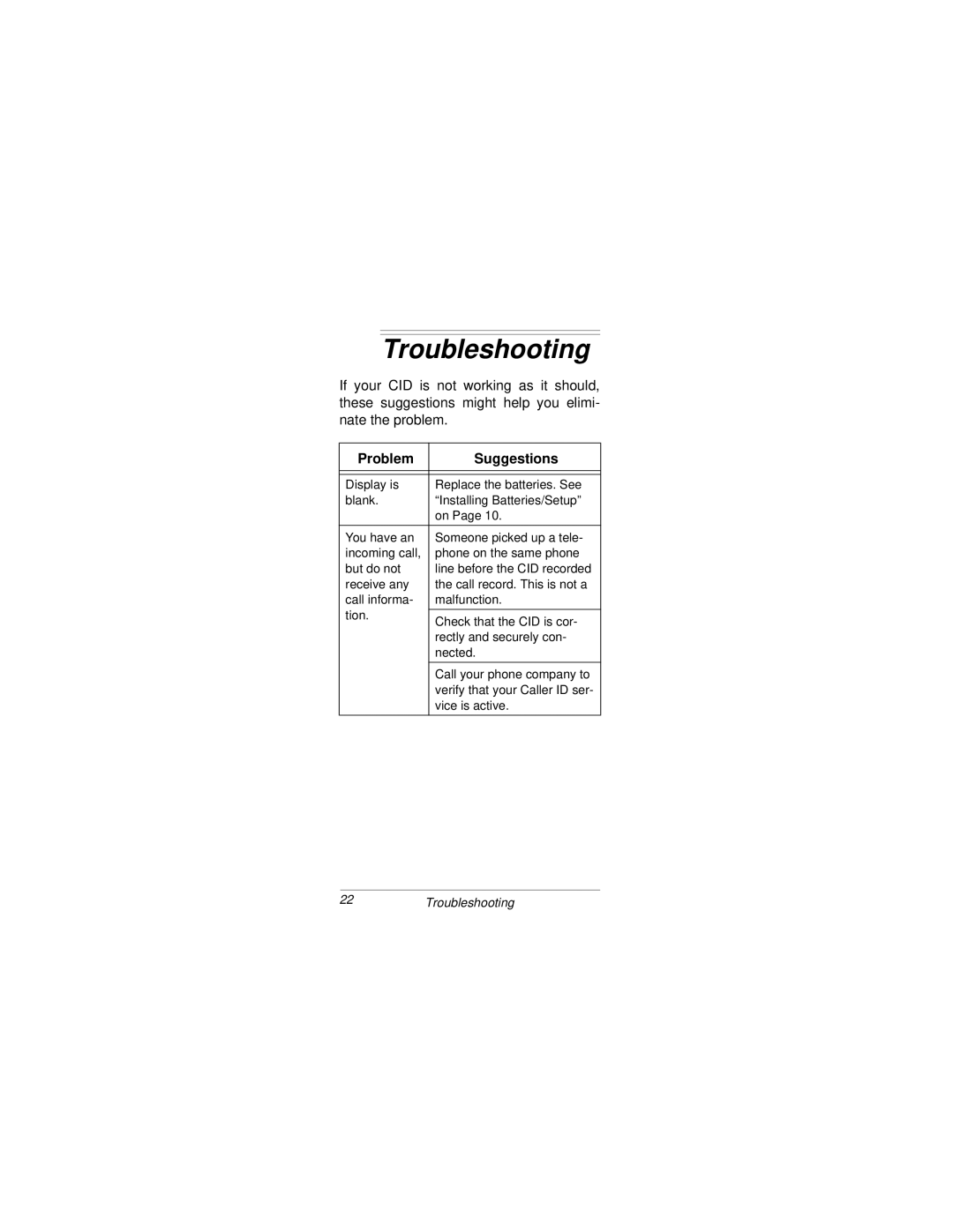 Radio Shack CID 2905 owner manual Troubleshooting, Problem Suggestions 