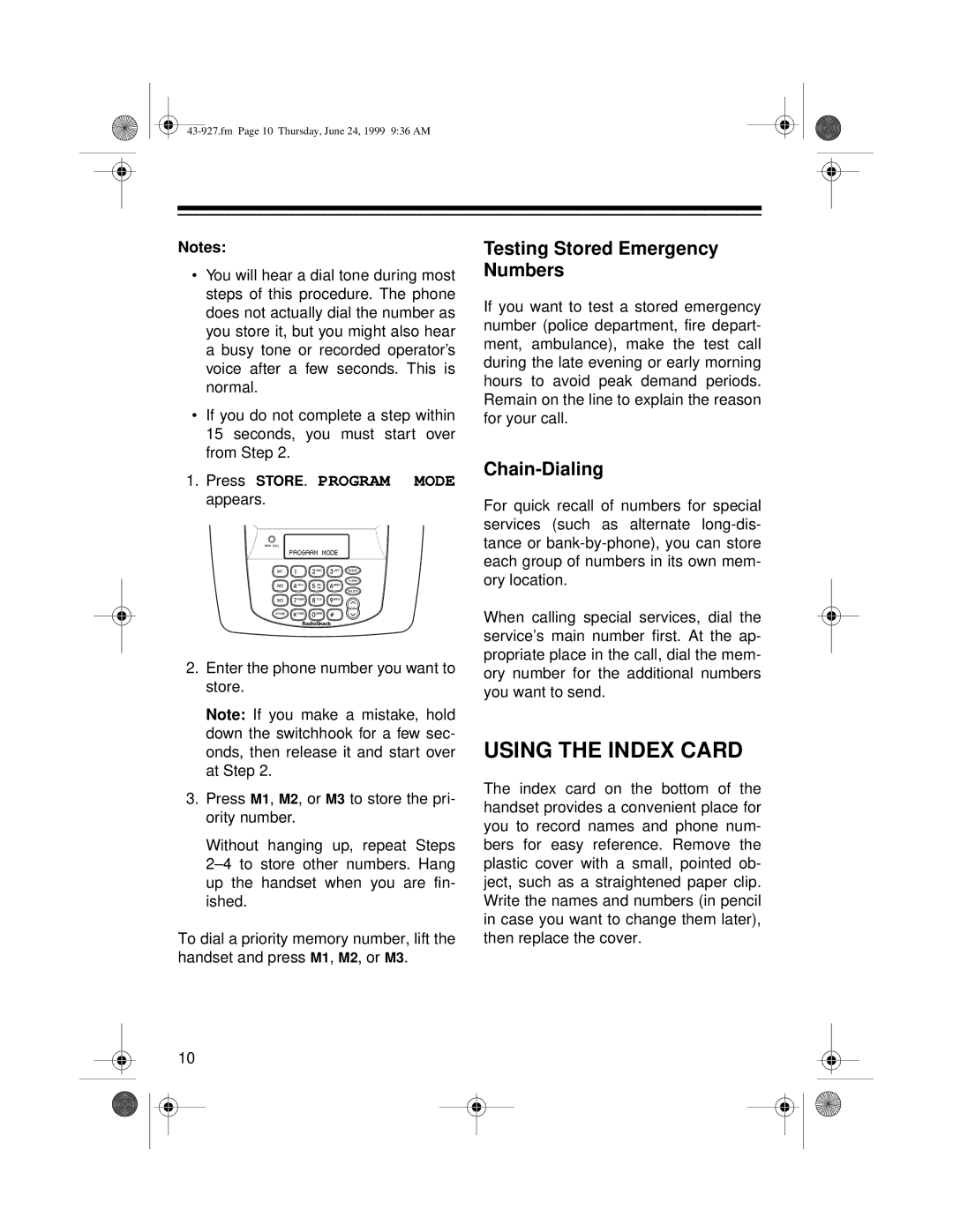 Radio Shack CID-927 owner manual Using the Index Card, Testing Stored Emergency Numbers 