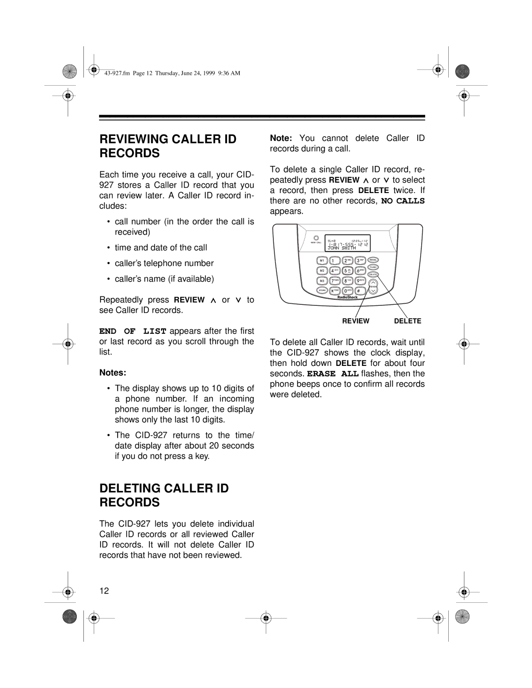 Radio Shack CID-927 owner manual Reviewing Caller ID Records, Deleting Caller ID Records 