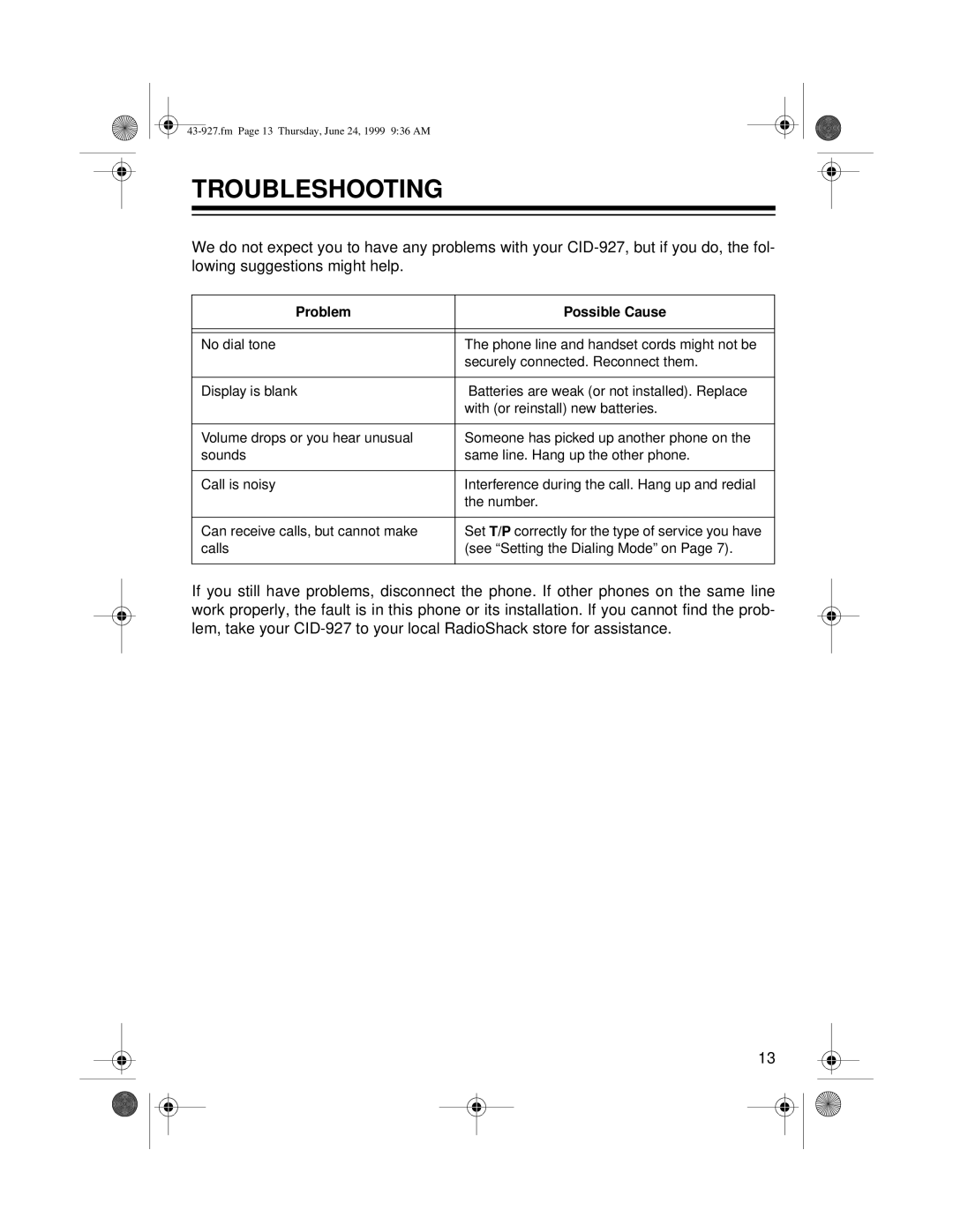 Radio Shack CID-927 owner manual Troubleshooting, Problem Possible Cause 