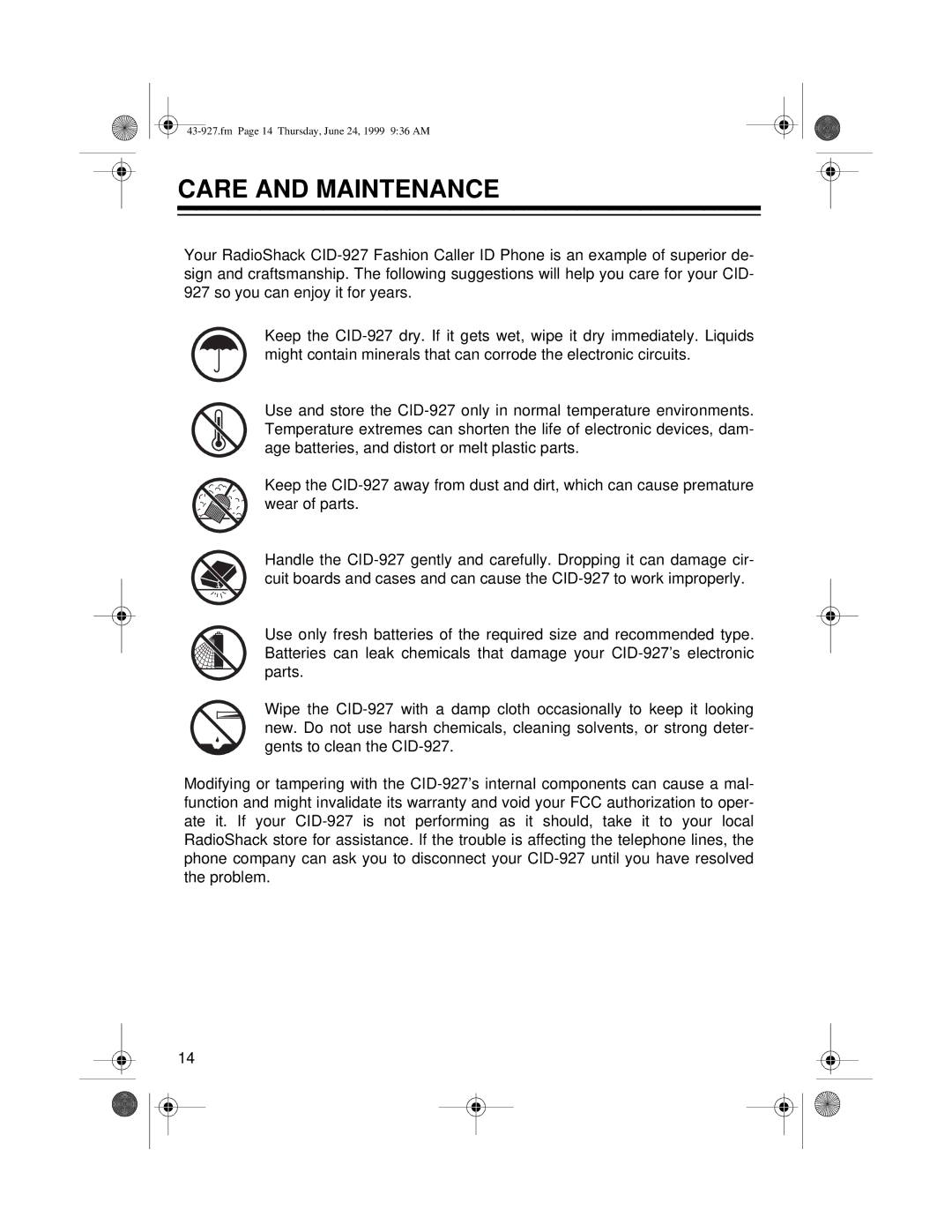 Radio Shack CID-927 owner manual Care and Maintenance 