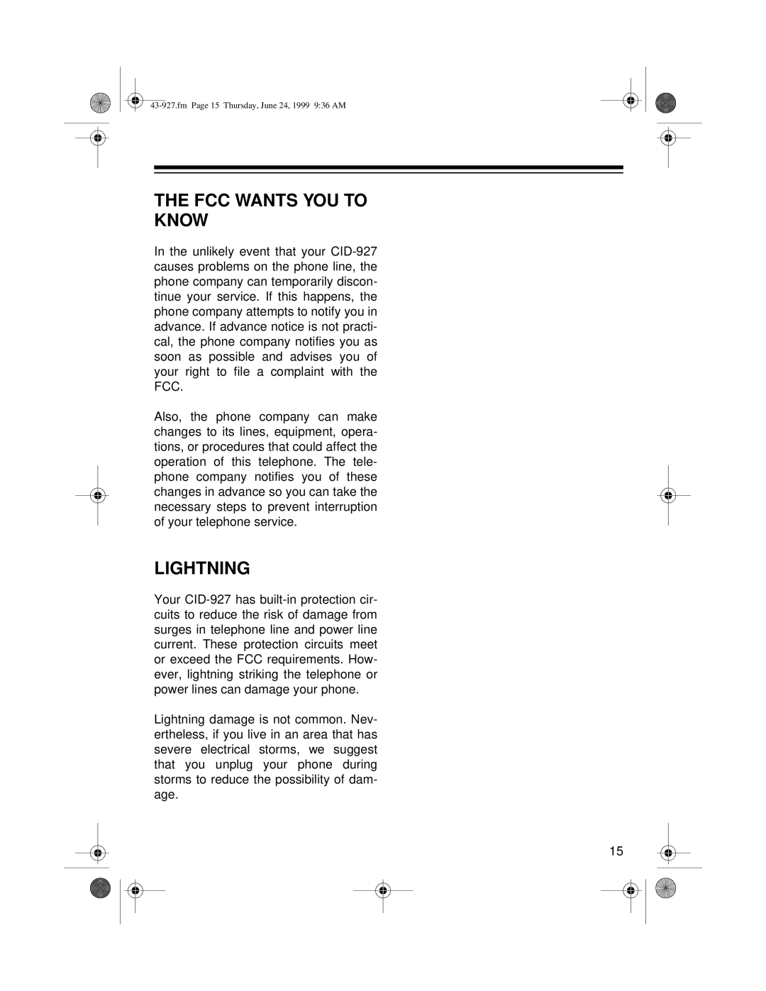 Radio Shack CID-927 owner manual FCC Wants YOU to Know, Lightning 