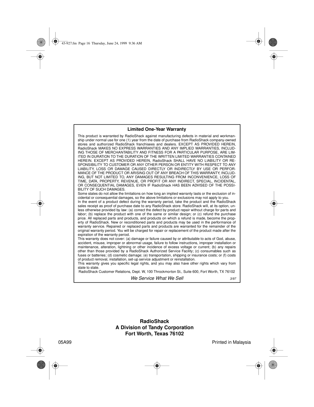 Radio Shack CID-927 owner manual RadioShack Division of Tandy Corporation Fort Worth, Texas 