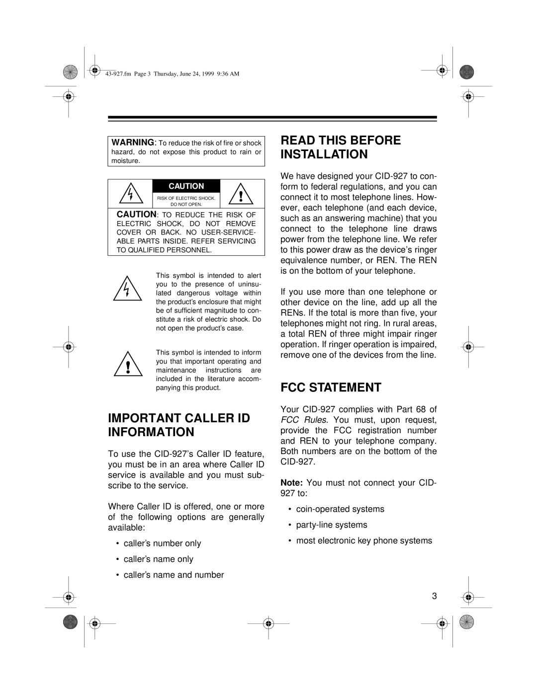 Radio Shack CID-927 owner manual Important Caller ID Information, Read this Before Installation, FCC Statement 