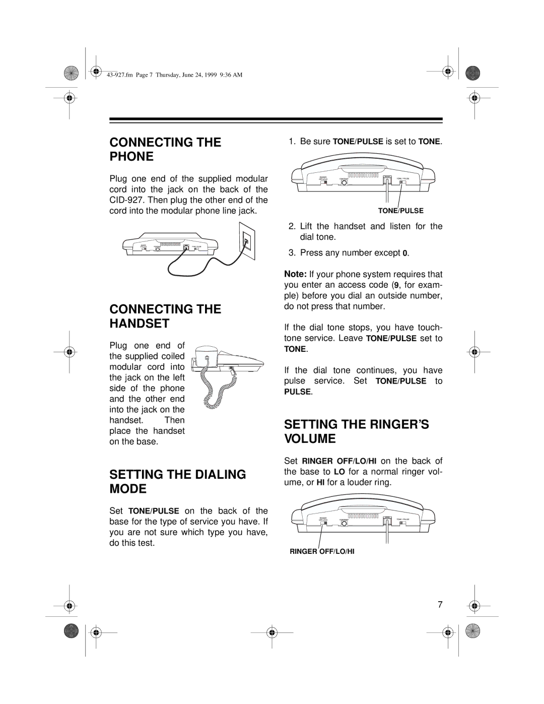 Radio Shack CID-927 Connecting Phone, Connecting Handset, Setting the Dialing Mode, Setting the RINGER’S Volume 