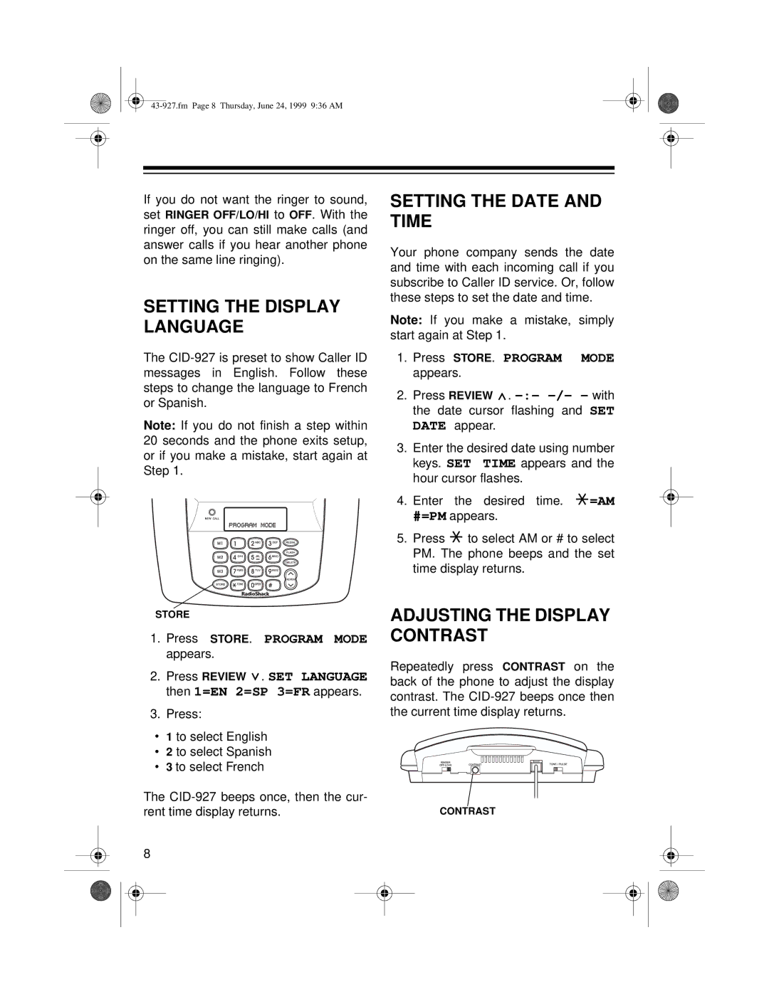 Radio Shack CID-927 owner manual Setting the Display Language, Setting the Date and Time, Adjusting the Display Contrast 