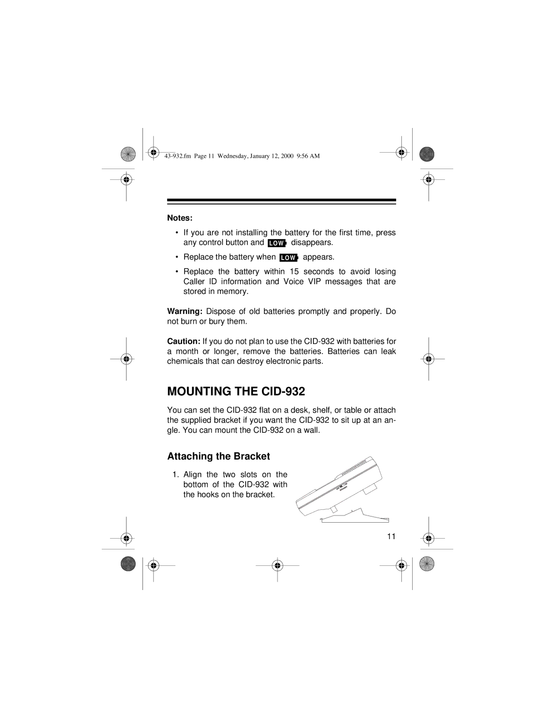 Radio Shack owner manual Mounting the CID-932, Attaching the Bracket 