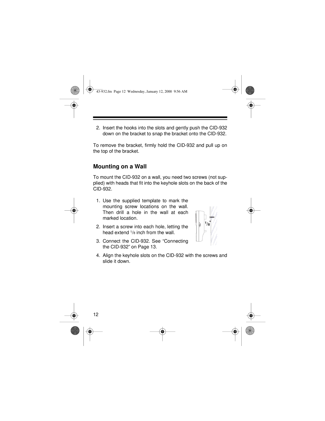 Radio Shack CID-932 owner manual Mounting on a Wall 