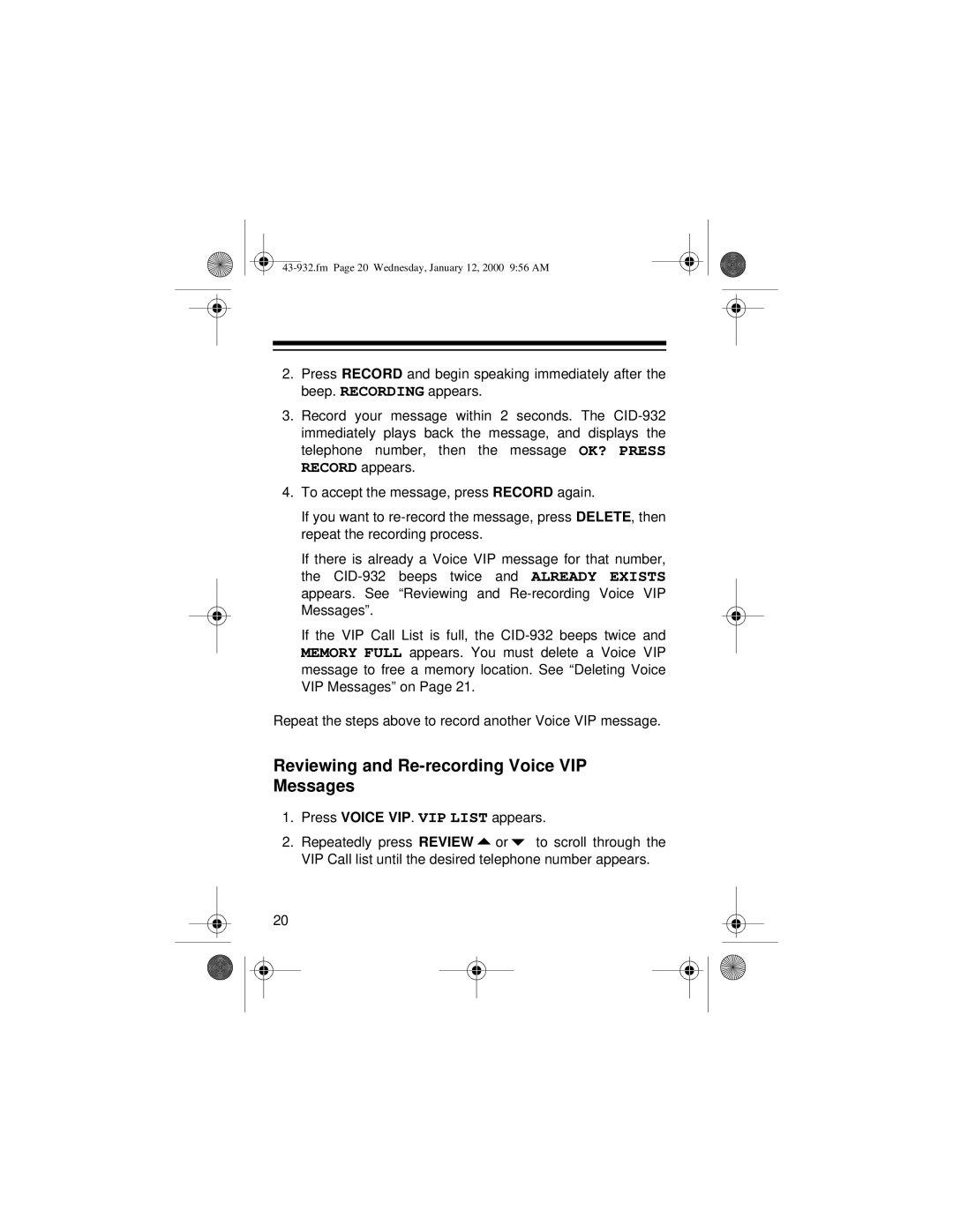 Radio Shack CID-932 owner manual Reviewing and Re-recording Voice VIP Messages 