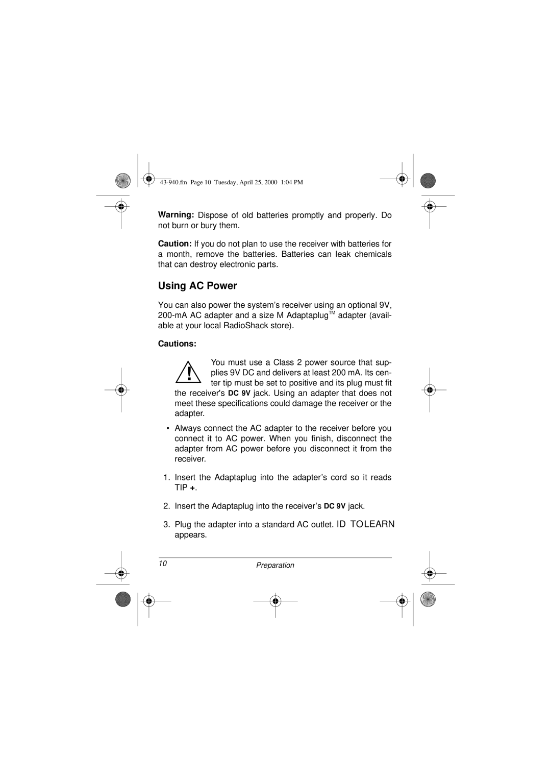 Radio Shack CID 940 owner manual Using AC Power 