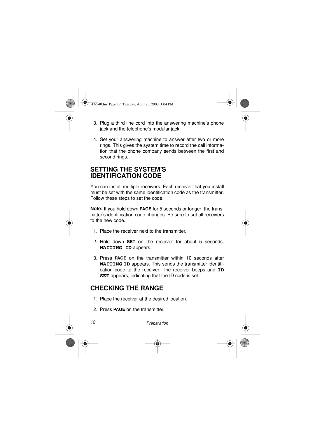 Radio Shack CID 940 owner manual Setting the SYSTEM’S Identification Code, Checking the Range 