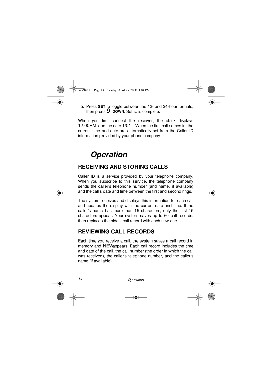 Radio Shack CID 940 owner manual Operation, Receiving and Storing Calls, Reviewing Call Records 