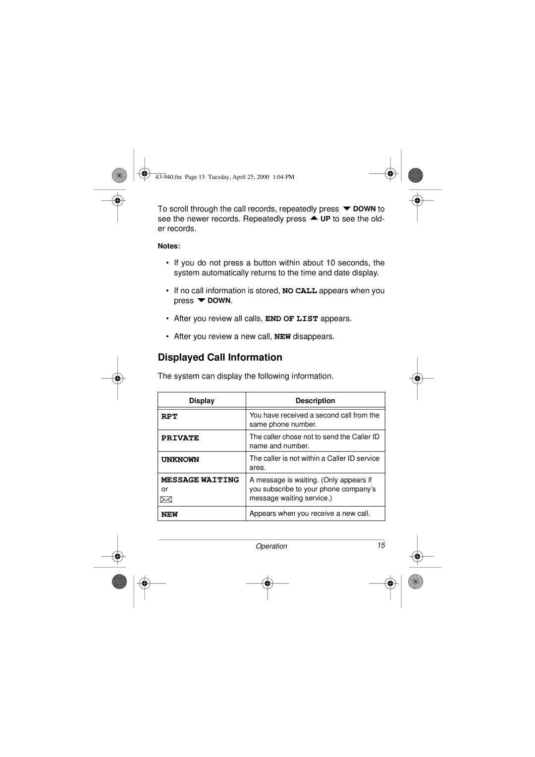 Radio Shack CID 940 owner manual Displayed Call Information, Message Waiting 