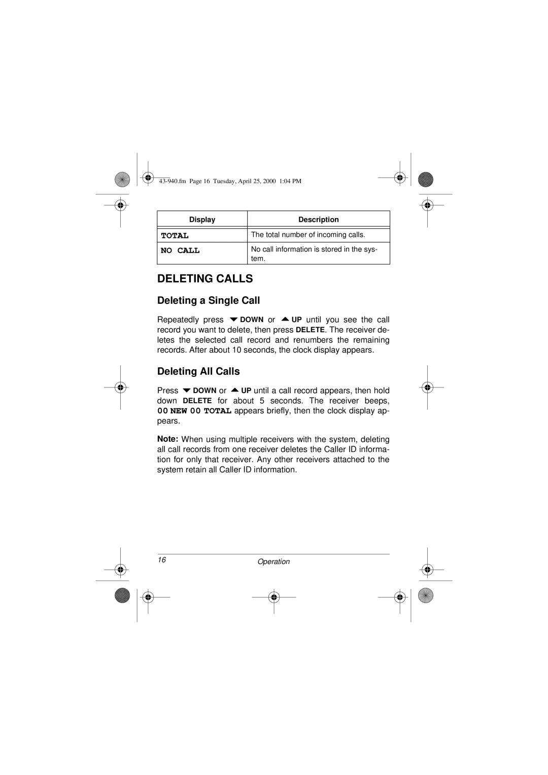 Radio Shack CID 940 owner manual Deleting Calls, Deleting a Single Call, Deleting All Calls 