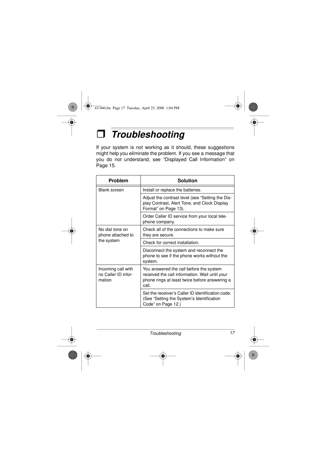 Radio Shack CID 940 owner manual Troubleshooting, Problem Solution 