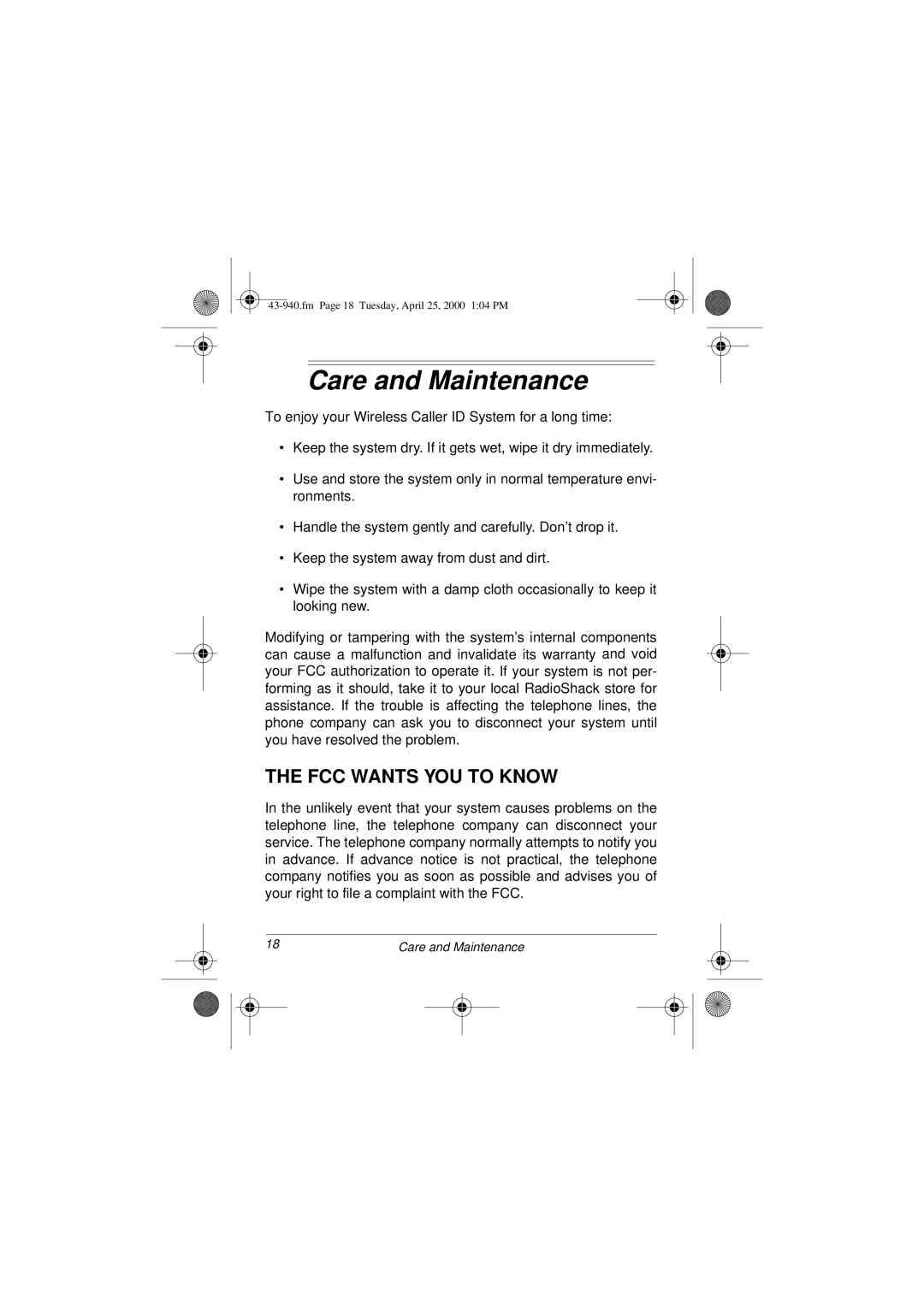 Radio Shack CID 940 owner manual Care and Maintenance, FCC Wants YOU to Know 