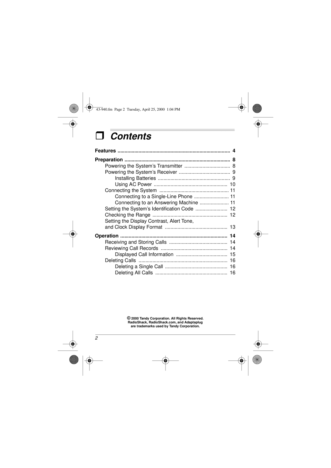 Radio Shack CID 940 owner manual Contents 