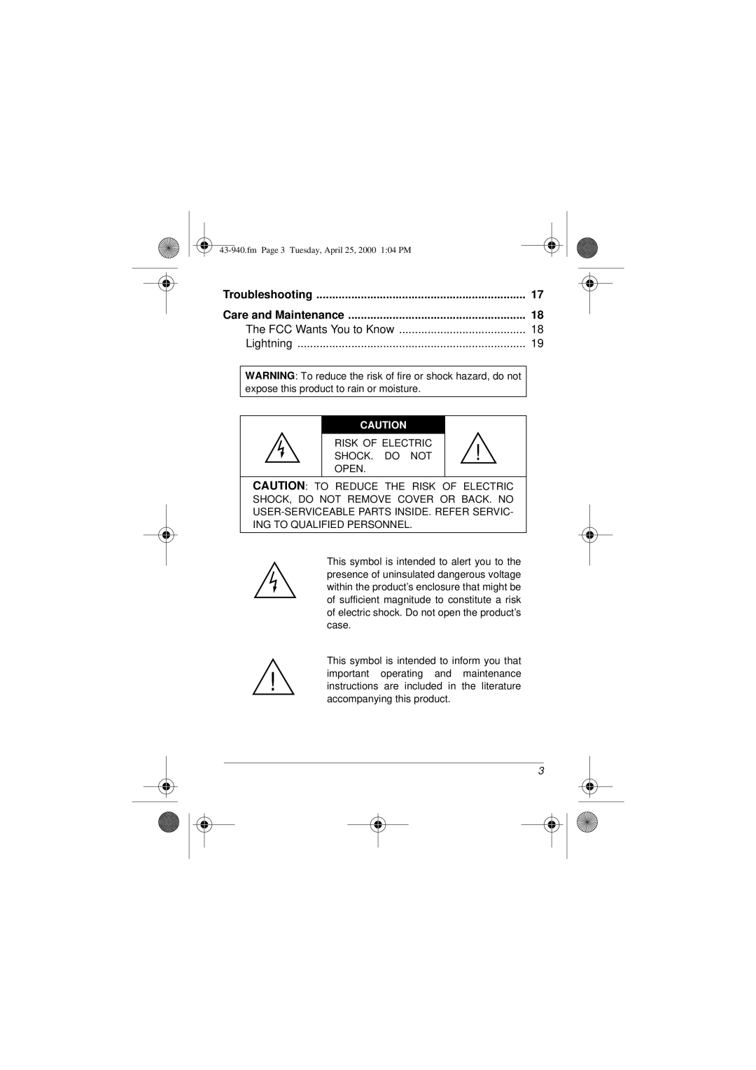 Radio Shack CID 940 owner manual Risk of Electric SHOCK. do not Open 