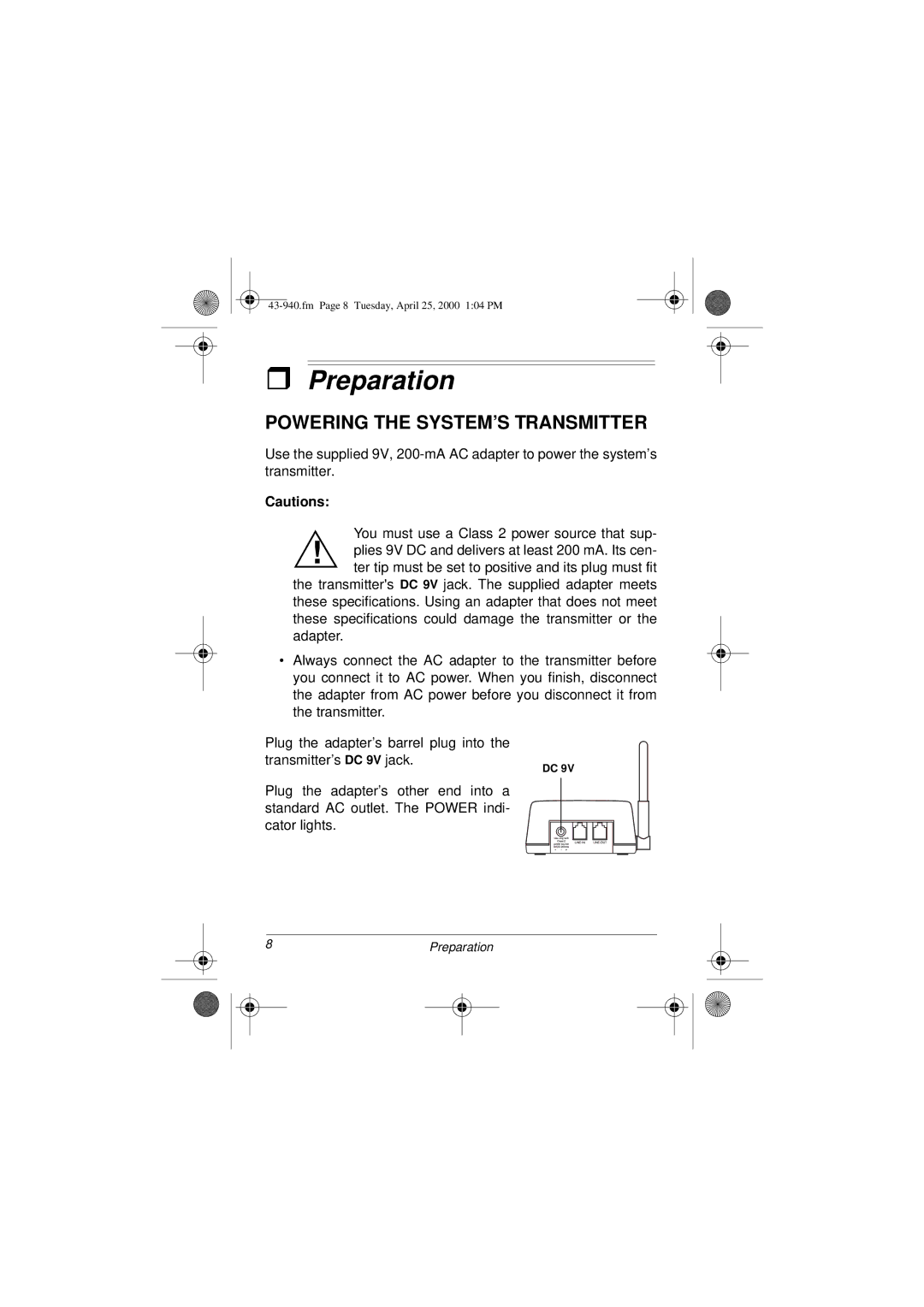 Radio Shack CID 940 owner manual Preparation, Powering the SYSTEM’S Transmitter 